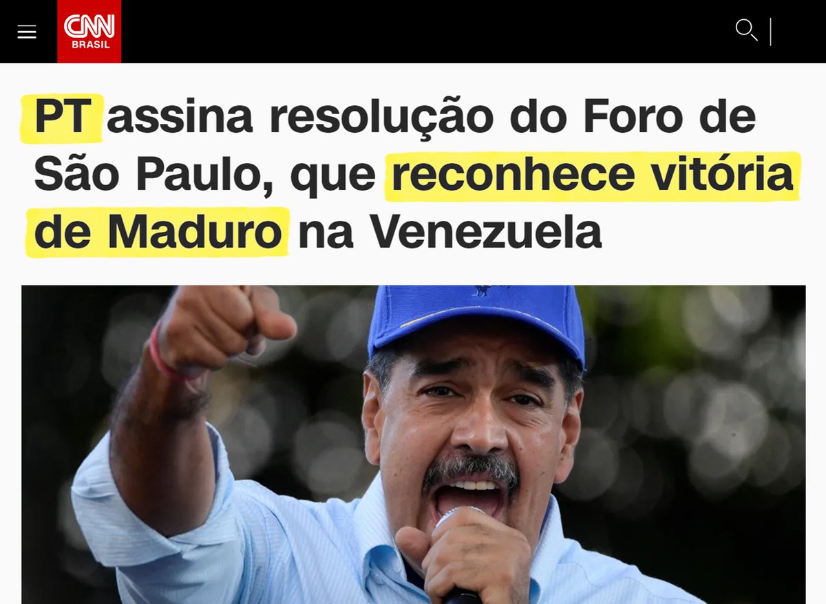 O PT procrastinou, esperou a poeira baixar e reafirmou seu compromisso com a ditadura de Maduro na Venezuela.

A fraude escancarada agora tem o aval, por escrito, do Partido dos Trabalhadores.

O mesmo partido que vai te pedir voto "pela democracia" em 2026.