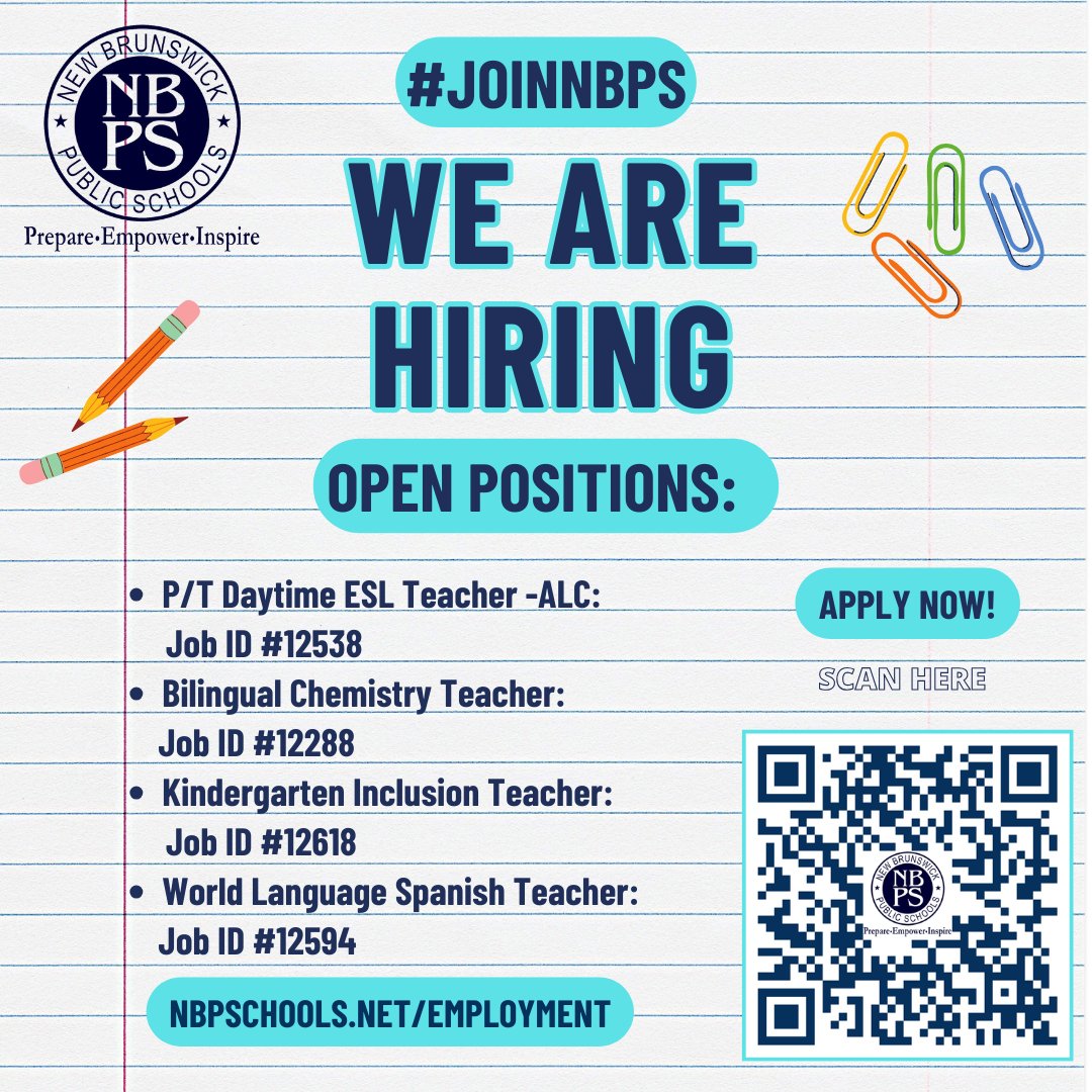 NBPS_HR's tweet photo. WE ARE HIRING: Check out these open positions and more at https://t.co/dKYawWNpVe and #JoinNBPS today! #WeAreHiring #NJTeachers #NJeducators https://t.co/eJS0yHbPKA