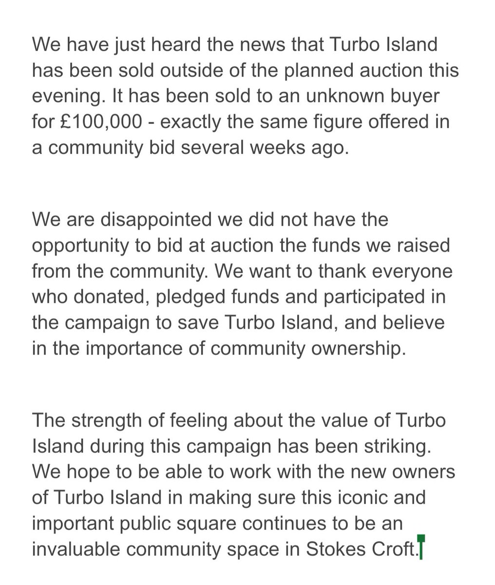 We have just heard the news that Turbo Island has been sold outside the planned auction this evening. 

Read our public statement below.