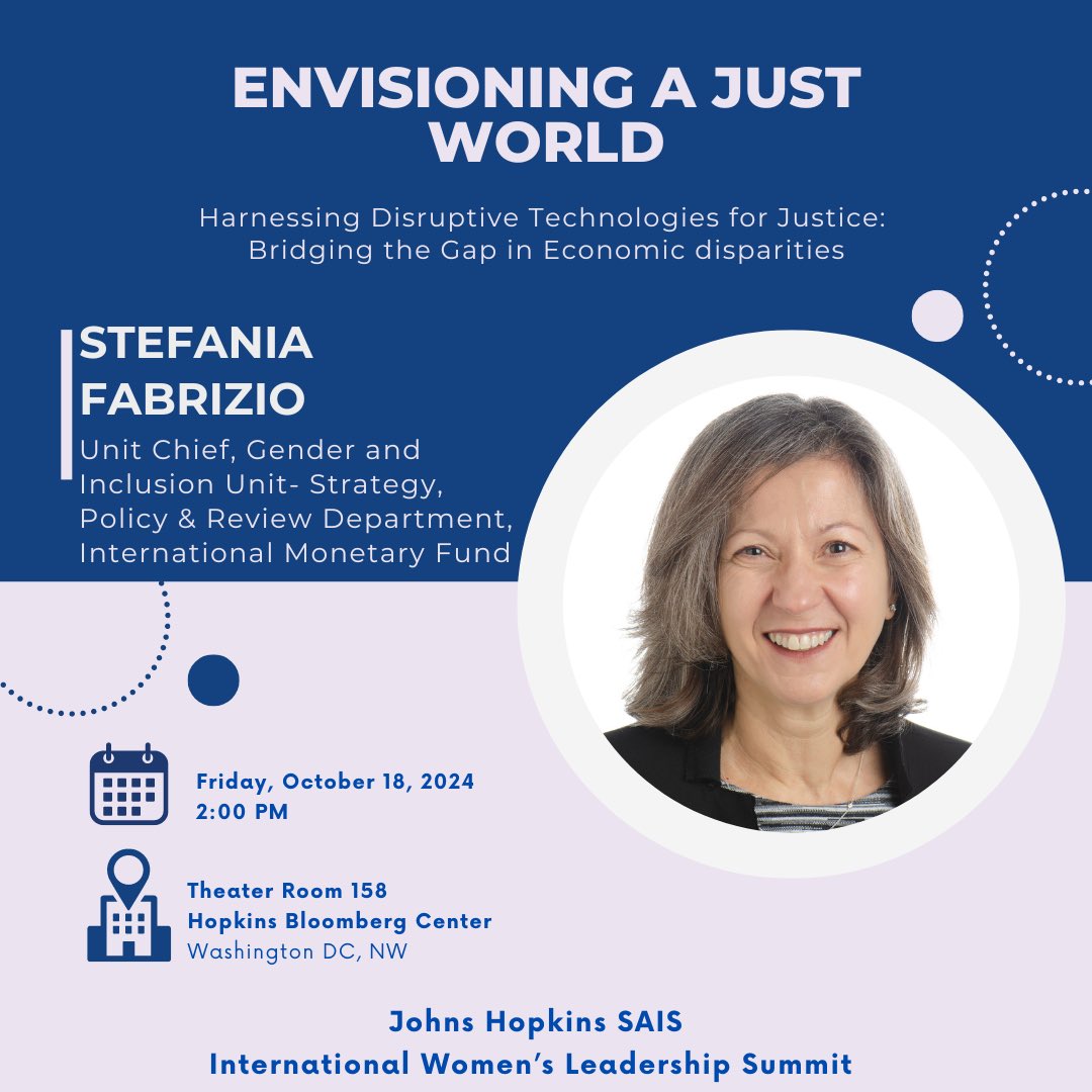 SAISWL's tweet photo. 🌍Join us on October 18 for “Harnessing Disruptive Technologies for Justice: Bridging the Gap in Economic Disparities”, featuring Stefania Fabrizio - Unit Chief of the Gender and Inclusion Unit in the Strategy, Policy and Review Department, IMF. 

Don’t miss this chance🌟 https://t.co/eisC9HgSiO