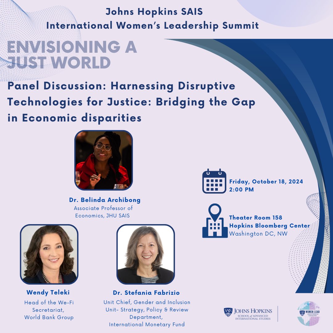 🌍Join us on October 18 for “Harnessing Disruptive Technologies for Justice: Bridging the Gap in Economic Disparities”, featuring Stefania Fabrizio - Unit Chief of the Gender and Inclusion Unit in the Strategy, Policy and Review Department, IMF. 

Don’t miss this chance🌟