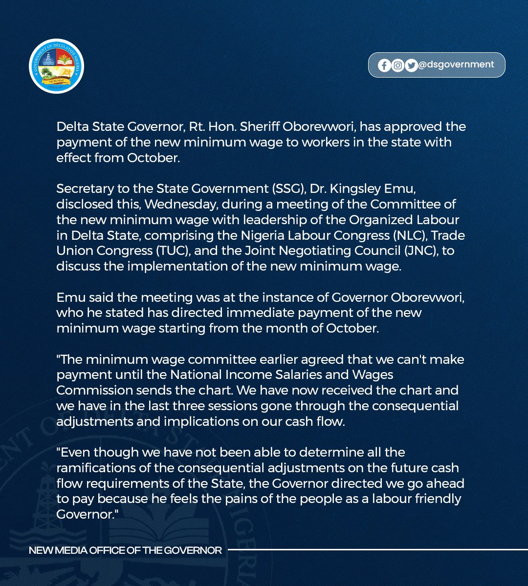 DSGovernment's tweet photo. Governor Sheriff Oborevwori approves the payment of the new minimum wage to workers in the state with effect from October, 2024. https://t.co/MLjqItPfgH