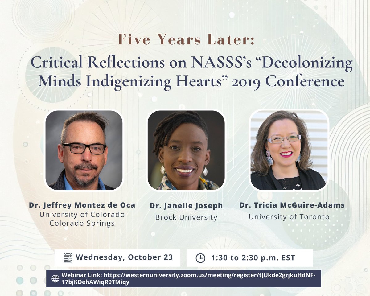 @adam-ali.bsky.social (@adamali_04) on Twitter photo One week away: Five Years Later: Critical Reflections on <a href="/NASSSport/">NASSS</a> ‘Decolonizing Minds Indigenizing Hearts’ 2019 Conference w. <a href="/janelllejoseph/">Janelle Joseph</a>, <a href="/McGuireAdams/">Dr. Tricia McGuire-Adams</a>, & Jeff Montez de Oca. Great warmup for Chicago. You can register here: westernuniversity.zoom.us/meeting/regist… One week away: Five Years Later: Critical Reflections on <a href="/NASSSport/">NASSS</a> ‘Decolonizing Minds Indigenizing Hearts’ 2019 Conference w. <a href="/janelllejoseph/">Janelle Joseph</a>, <a href="/McGuireAdams/">Dr. Tricia McGuire-Adams</a>, & Jeff Montez de Oca. Great warmup for Chicago. You can register here: westernuniversity.zoom.us/meeting/regist…