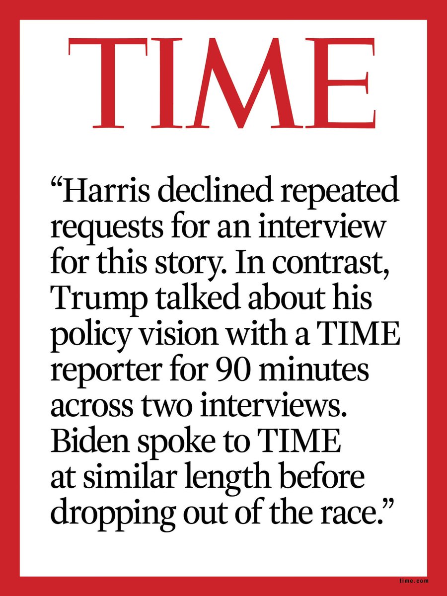 Benioff's tweet image. “Harris declined repeated requests for an interview for this story. In contrast, Trump talked about his policy vision with a TIME reporter for 90 minutes across two interviews. Biden spoke to TIME at similar length before dropping out of the race.”
time.com/7081350/kamala…