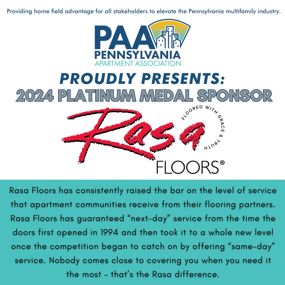 Introducing #PAAMedalSponsor Rasa Floors! Rasa Floors has consistently raised the bar on the level of service that apartment communities receive from their flooring partners since 1994! 

Visit rasafloors.com to learn more!