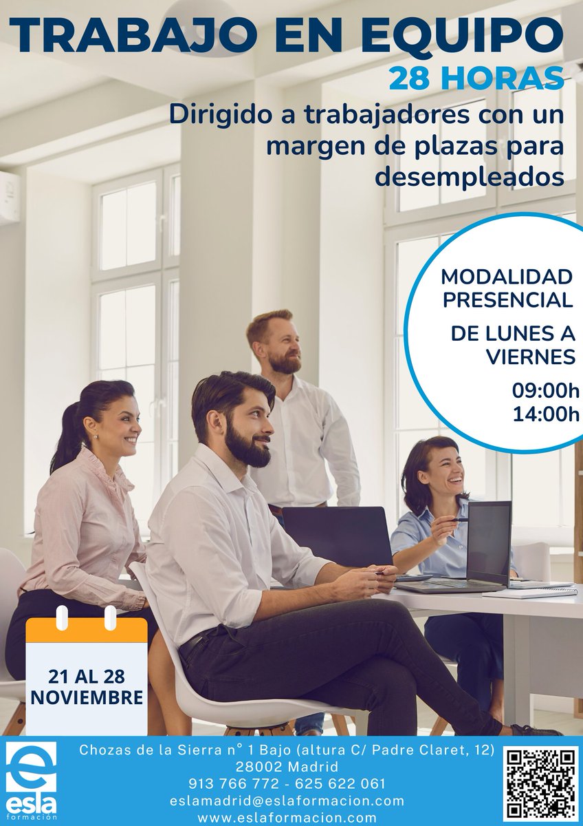 Esla Formacion (@eslacentros) on Twitter photo Nuevo curso gratuito en MADRID 📍
✅ TRABAJO EN EQUIPO
📆 Inicio el 21 de noviembre
🕛 De 09:00 a 14:00 h. / 28 horas
🙋 Prioritario para trabajadores
¡¡Matricúlate!!
📞 913 766 772 / 652 622 061
📩 formacion10@eslaformacion.com
#curso #cursos #cursomadrid #madrid #personal Nuevo curso gratuito en MADRID 📍
✅ TRABAJO EN EQUIPO
📆 Inicio el 21 de noviembre
🕛 De 09:00 a 14:00 h. / 28 horas
🙋 Prioritario para trabajadores
¡¡Matricúlate!!
📞 913 766 772 / 652 622 061
📩 formacion10@eslaformacion.com
#curso #cursos #cursomadrid #madrid #personal