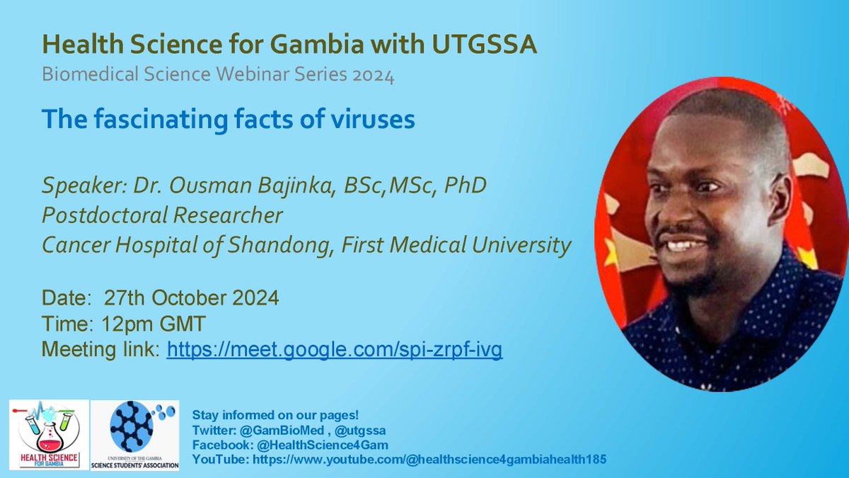 GamBioMed's tweet photo. Our next speaker, Dr. Ousman Bajinka, will shed some light on the science behind these phenomenal microbes. Join in next week Sunday using the link below:
Date: Sunday 27th October
Time: 12pm GMT
Meeting link: https://t.co/e3QB6b54dN https://t.co/vrIPpAdE4M