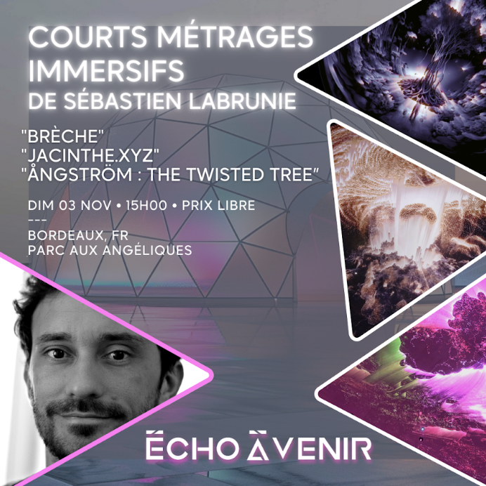 ✨ Ne manquez pas Sébastien Labrunie au festival Écho À Venir ! ✨

Plongez dans ses courts-métrages "Brèche", "Jacinthe xyz" et "Ångström The Twisted Tree" le 3 nov à Bordeaux. Une expérience sensorielle unique !

Billets : bit.ly/EAV10_BILLETTE…
Event : bit.ly/EAV10EventFace…