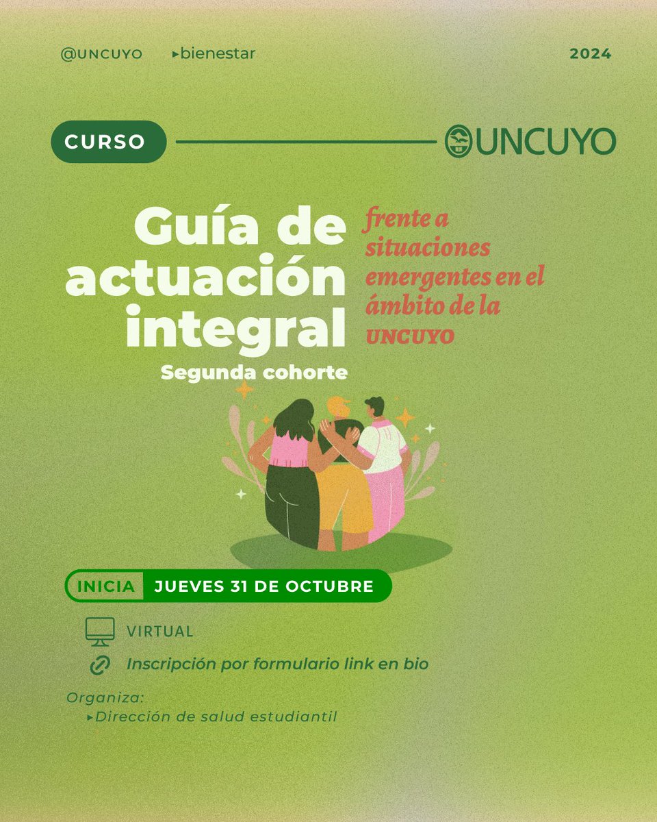 👉 ¿Sabías que la UNCUYO es la primera universidad del país con una guía integral para actuar frente a emergentes en salud mental? 🧠

📅 Comienza: 31/10
🎯 Destinado a docentes y personal de apoyo de la UNCUYO.

Inscribite aquí: forms.gle/eJdQJcfpuPoEhA…