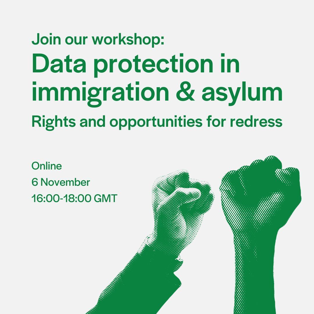 👉 Join us for a workshop on "Data protection in immigration and asylum: Rights and opportunities for redress"!

When: 6 November from 16:00 to 18:00 GMT
Where: Online (zoom)

Find the details and register here:
buff.ly/4eHK0wP