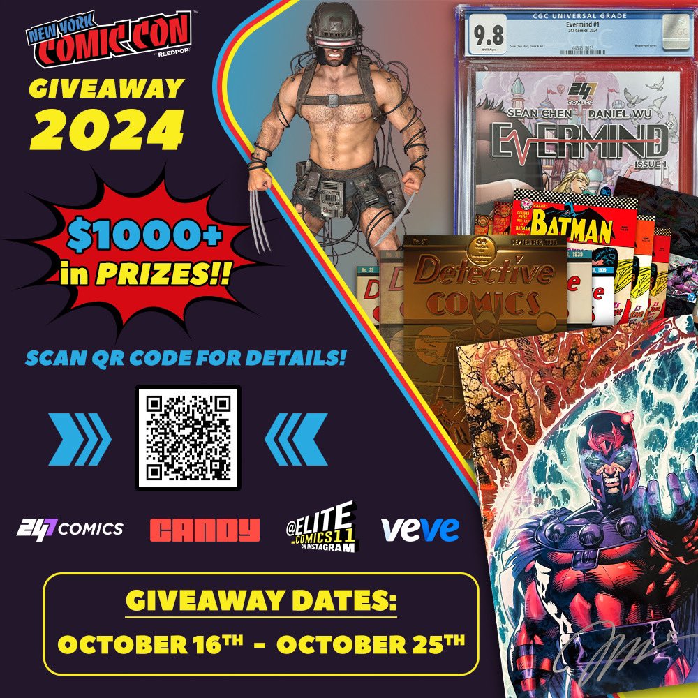 Comics & Crypto (@comicsandcrypto) on Twitter photo 🚨NYCC Giveaway 2024🚨
In celebration of <a href="/NY_Comic_Con/">New York Comic Con</a>, we're partnering with <a href="/veve_official/">VeVe | Digital Collectibles</a>, <a href="/247ComicsHQ/">247💥Comics</a>, <a href="/elite_comics11/">Elite_Comics11 ⭕️</a>, and <a href="/CandyDigital/">Candy</a> to give away over $1,000 worth of physical and digital collectibles!
ENTER TO WIN: gleam.io/inrTH/nycc-giv… 🚨NYCC Giveaway 2024🚨
In celebration of <a href="/NY_Comic_Con/">New York Comic Con</a>, we're partnering with <a href="/veve_official/">VeVe | Digital Collectibles</a>, <a href="/247ComicsHQ/">247💥Comics</a>, <a href="/elite_comics11/">Elite_Comics11 ⭕️</a>, and <a href="/CandyDigital/">Candy</a> to give away over $1,000 worth of physical and digital collectibles!
ENTER TO WIN: gleam.io/inrTH/nycc-giv…