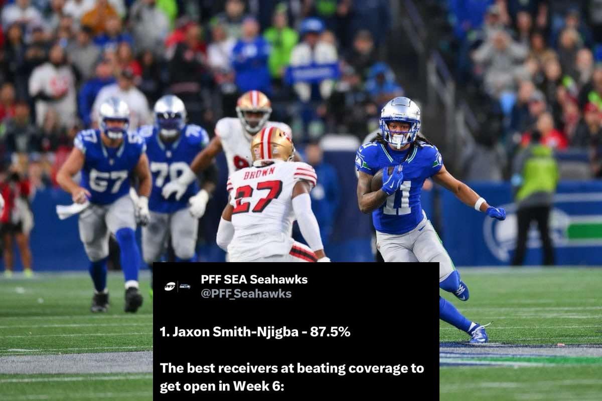 hawkmania4's tweet photo. #Seahawks Jaxon Smith-Njigba is beating coverage better than anybody 💨

[📸: Steven Bisig/USA Today Sports] https://t.co/o2DJsLVIAO