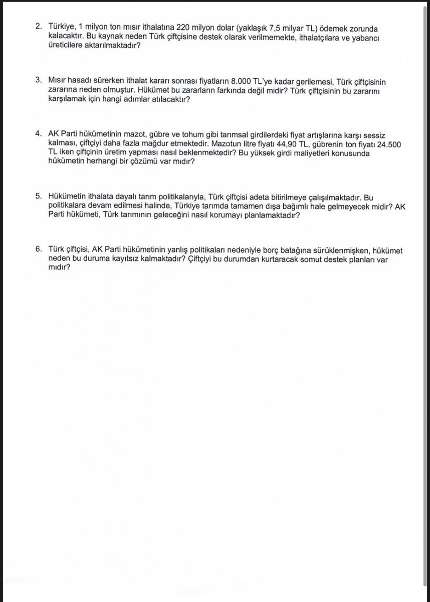 AK Parti'nin yanlış tarım politikaları sonucu zor durumda kalan çiftçimizin sorunlarını TBMM gündemine taşıdık.

Tarım ve Orman Bakanı'na mısır ithalatı ve çiftçimizin artan girdi maliyetleri hakkında yazılı soru önergesi verdik.

Türk çiftçisini korumak yerine ithalatı teşvik