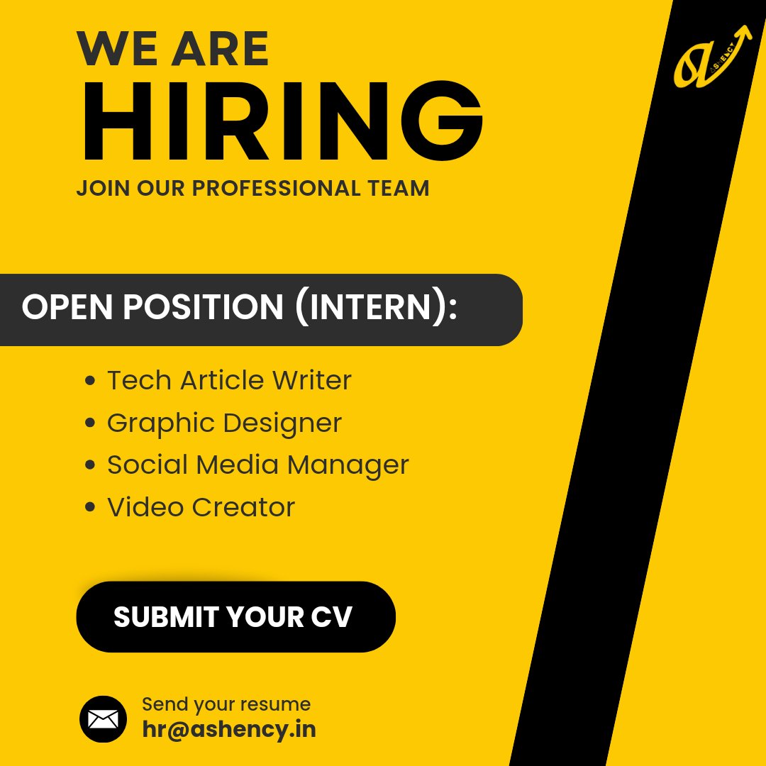 ASHENCY (@ash_ency) on Twitter photo Internship Alert!
ASHENCY hiring unpaid interns:
1. Tech Article Writer
2. Social Media Manager (Instagram)
3. Graphic Designer
4. Video Creator
Gain industry experience, skills & portfolio!
To Apply: forms.gle/TN5QVKofHJHN1F…
OR
Mail: hr@ashency.in
#Internship Internship Alert!
ASHENCY hiring unpaid interns:
1. Tech Article Writer
2. Social Media Manager (Instagram)
3. Graphic Designer
4. Video Creator
Gain industry experience, skills & portfolio!
To Apply: forms.gle/TN5QVKofHJHN1F…
OR
Mail: hr@ashency.in
#Internship