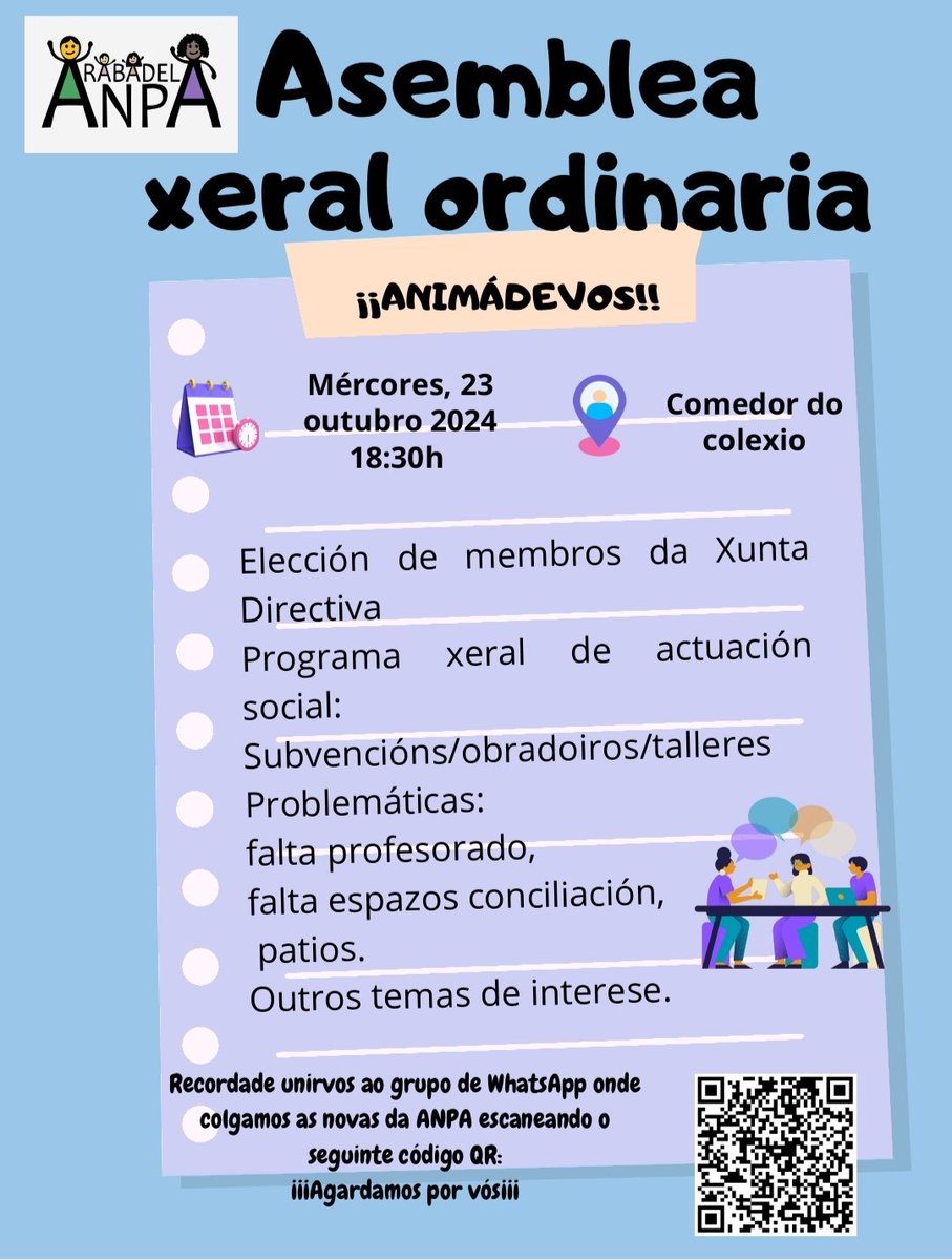 anparabadela's tweet photo. Saúdos familias!!👋

Convidámosvos o vindeiro 23 de outubro na nosa primeira Asemblea Xeral de Socias deste curso 2024-2025, crearemos unha Xunta Directiva nova con todas aquelas familias dispostas a unirse a nós, darémosvos conta das cousiñas que temos pendentes para facer. https://t.co/tPMETRZYsx