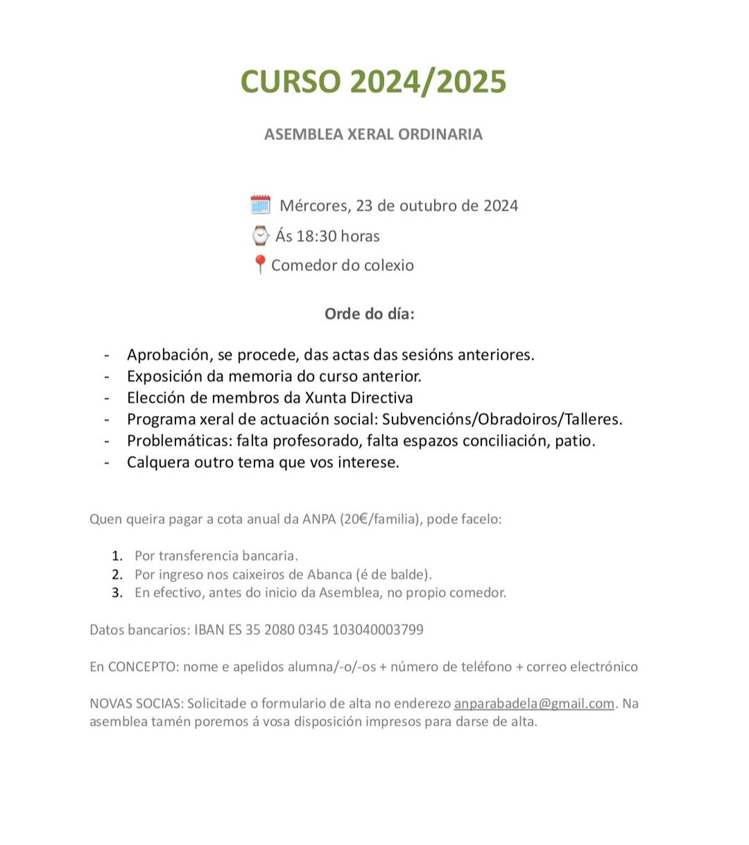 anparabadela's tweet photo. Saúdos familias!!👋

Convidámosvos o vindeiro 23 de outubro na nosa primeira Asemblea Xeral de Socias deste curso 2024-2025, crearemos unha Xunta Directiva nova con todas aquelas familias dispostas a unirse a nós, darémosvos conta das cousiñas que temos pendentes para facer. https://t.co/tPMETRZYsx