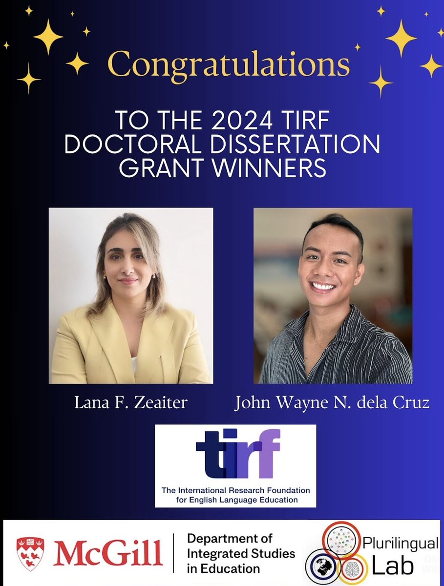 Two members of the Plurilingual Lab have won the 2024 Doctoral Dissertation Grant from TIRF: Lana F. Zeaiter and John Wayne N. dela Cruz. Congratulations! 🎉
Read the story here⬇️
mcgill.ca/plurilingualla…