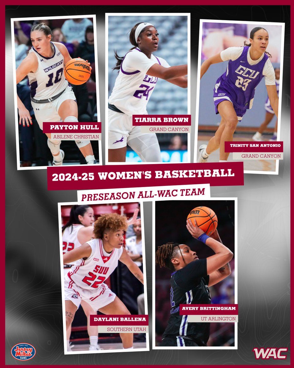 UAConference's tweet photo. 🏀 2024-25 Women's Basketball Preseason All-WAC Team

Payton Hull | @ACUWBB 
Tiarra Brown | @GCU_WBB 
Trinity San Antonio | @GCU_WBB 
Daylani Balena | @SUUWBasketball 
Avery Brittingham | @UTAMavsWBB 
📰 https://t.co/6ZWxMO6Dv4

#OneWAC x #WAChoops https://t.co/RSOEApfOt8