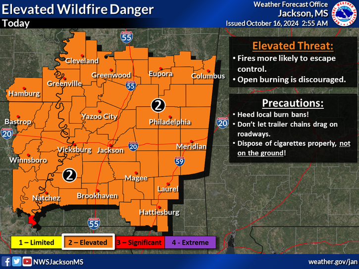 NatchezTraceNPS's tweet photo. Parts of #NatchezTraceParkway are in elevated wildfire danger today! Dry soil & vegetation mixed with breezy conditions & very low humidity will lead to fires likely to escape control. Open burning is discouraged. Please obey local burn bans and use caution if burning #NPSFire https://t.co/9K2QwnGxI8