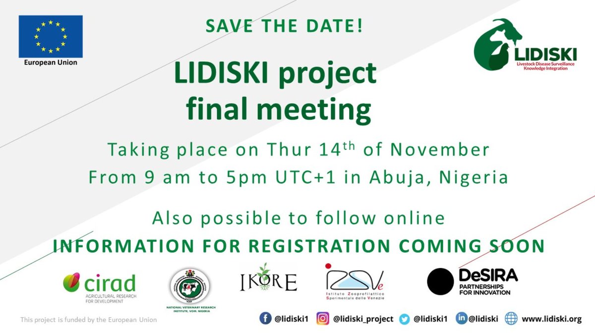 LIDISKI1's tweet photo. 4 Weeks to the LIDISKI Close-Out Event! 

Join us on the 14th of November as we celebrate the success of this initiative, highlight key achievements, and discuss the future of livestock disease surveillance.
Stay tuned for more updates on how you can participate!

#LIDISKI @WOAH https://t.co/VXl7G9Z6Eb