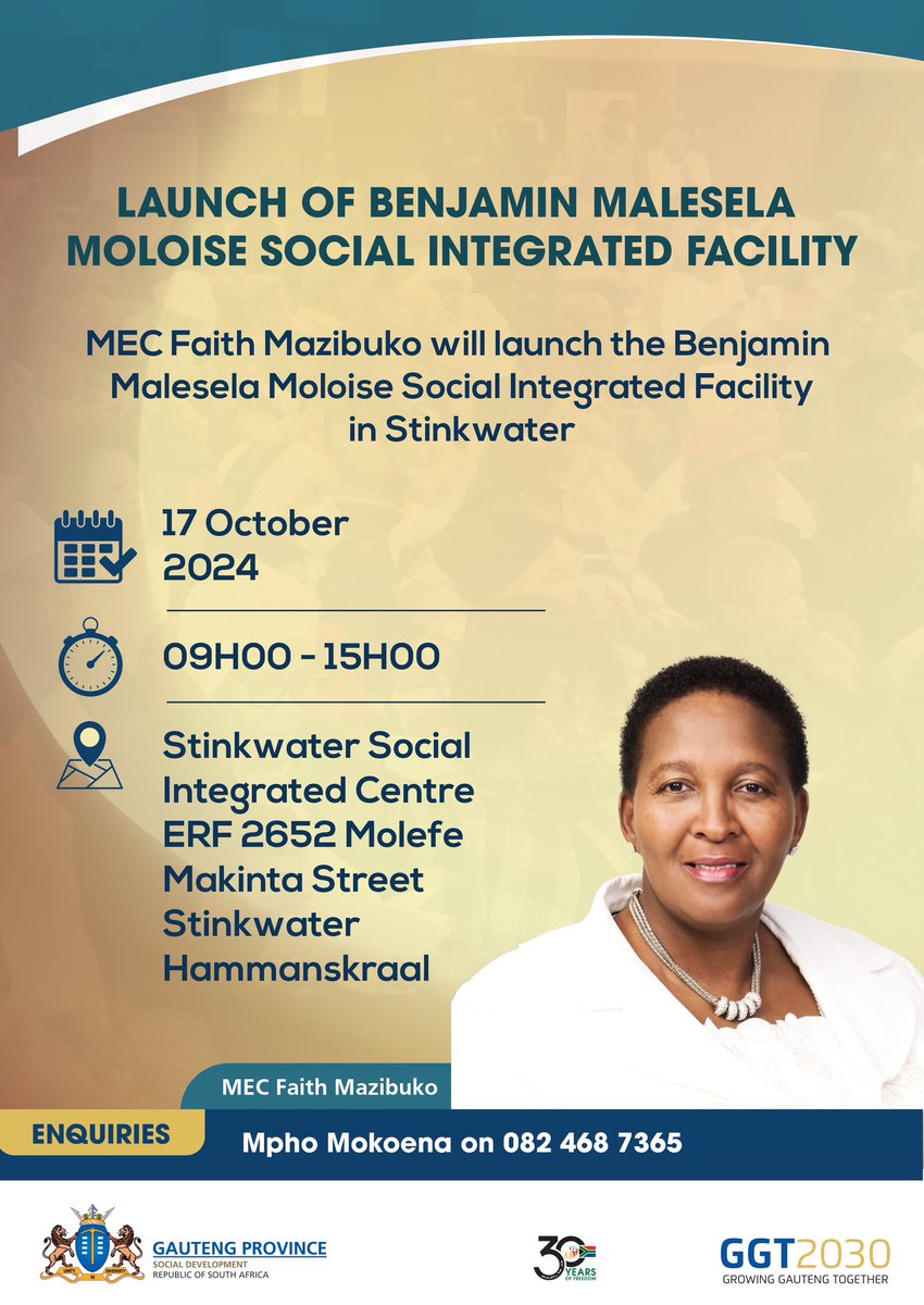 gpgSocDev's tweet photo. MEC @FaithMazibukoSA will tomorrow launch Benjamin Malesela Moloise Social Integrated Facility at #Hammanskraal in Stinkwater. #ServiceDelivery #SocialDevelopmentMonth https://t.co/qEop4Yyr48