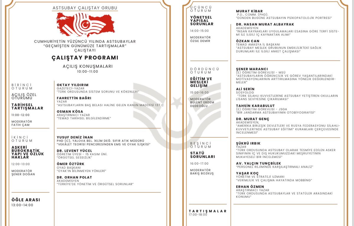 Yarın Türkiye’de bir ilk yaşanacak. Yarın Ankara Çankaya Zübeyde Hanım Kültür Merkezi’nde Astsubay Çalıştayı yapılacak. 
Bu tarihi çalışmanın 3. Oturumunu modere edecek olmaktan,bu kıymetli çalışmanın bir parçası olmaktan,astsubaylarımızın yanında olmaktan gurur ve onur