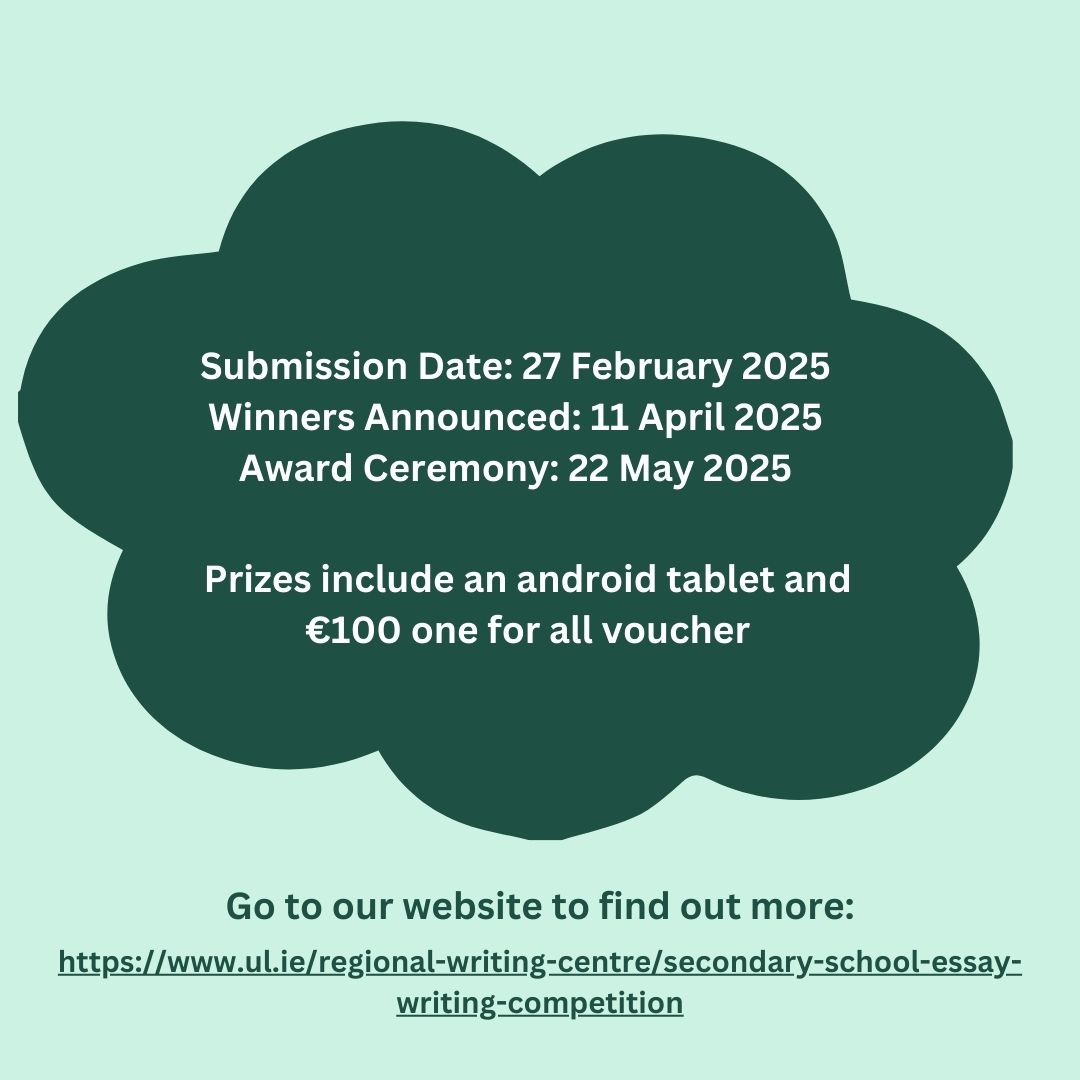 Calling all TY and 5th Year students 👋

We would like to invite you to take part in our 14th Annual National Secondary School Essay Writing Competition!

Tag your school or friends who you think would like to take part ❤️