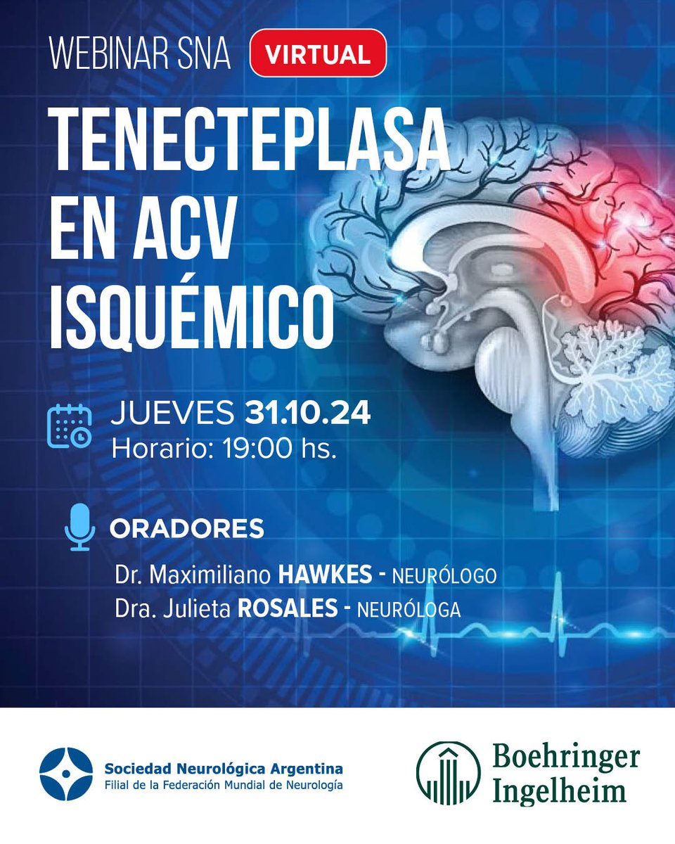 SNeurologicaArg's tweet photo. 🧠 ¡Nuevo #WebinarSNA! Aprende sobre la #Tenecteplasa en #ACVIsquémico con los expertos Dr. Maximiliano Hawkes y Dra. Julieta Rosales. 

🗓️ Jueves 31/10/24 - 19:00 hs. 🔗 Inscríbete ya: https://t.co/wrdeKJeA9B

#Neurología #FormaciónMédica #Webinar #SNA https://t.co/I3OB0RE013