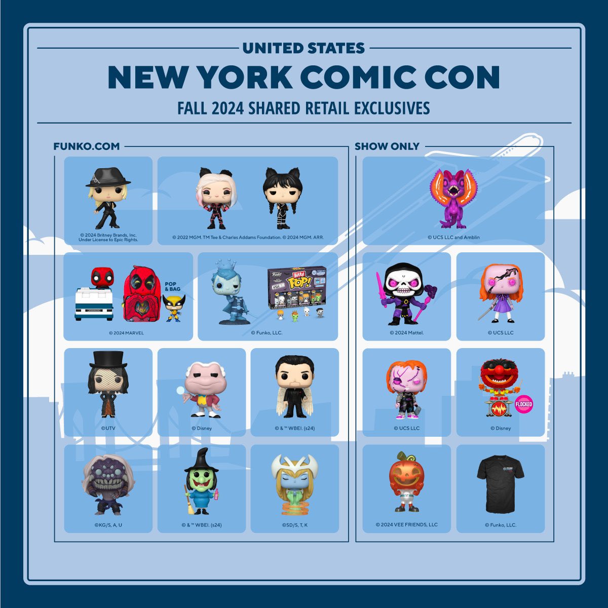 DisTrackers's tweet photo. Reminder - NYCC exclusives will be available starting tomorrow at 6AM PT! Early links can be found below. Some may not work until live.
#Ad #NYCC
.
Barnes & Noble
Meryl - https://t.co/YFnXLv8iTv
Dream - https://t.co/chGO5hSJiF

Funko
All - https://t.co/xzctZaLgcq
Bundle - https://t.co/z47aUwOZpq
Wednesday & Enid Bundle - https://t.co/4xx8xd7Tbf
Britney Spears - https://t.co/OEYK62FvFR
Wednesday - https://t.co/MHWyHoaDYK
Enid - https://t.co/SQt5pSwzGn
Deadpool Ride - https://t.co/T9zGcgnFqn
Deadpool & Wolverine Combo - https://t.co/qmJ2BlsCcQ
Headless Freddy - https://t.co/Q6C40bnJdD
Bitty Pops - https://t.co/I5IkBSsbWh
April - https://t.co/cFlLdD72gx
Mr. Toad - https://t.co/5AKcRPk9Pz
Lucifer - https://t.co/aDJniZLOAd
Spider Demon Father - https://t.co/JGf0DzeFBg
Witch Hazel - https://t.co/xqarqURdg2
Mystical Elf - https://t.co/WQs8u9pVBY
Share Bear - https://t.co/ExT9WkhHHk

GameStop
Dialga - https://t.co/Vpf06s8dih
Batman - https://t.co/6cGE9Vk2Bd

Hot Topic
Coraline - https://t.co/g2MAkljQpH
Dabura - https://t.co/jK3o3ets8P
Corazon - https://t.co/y2h4AeY9cP
Matatabi - https://t.co/pF1oBSidSo

Target
Buggy - https://t.co/GTJ3Pu2IvI
Animal - https://t.co/LgGHrLhqM5
Kylo - https://t.co/fMmMC4NiCG

Toy Tokyo 
Knuckles & Ulquiorra - https://t.co/bgRFFGMcvy

Walgreens - most likely in store only.