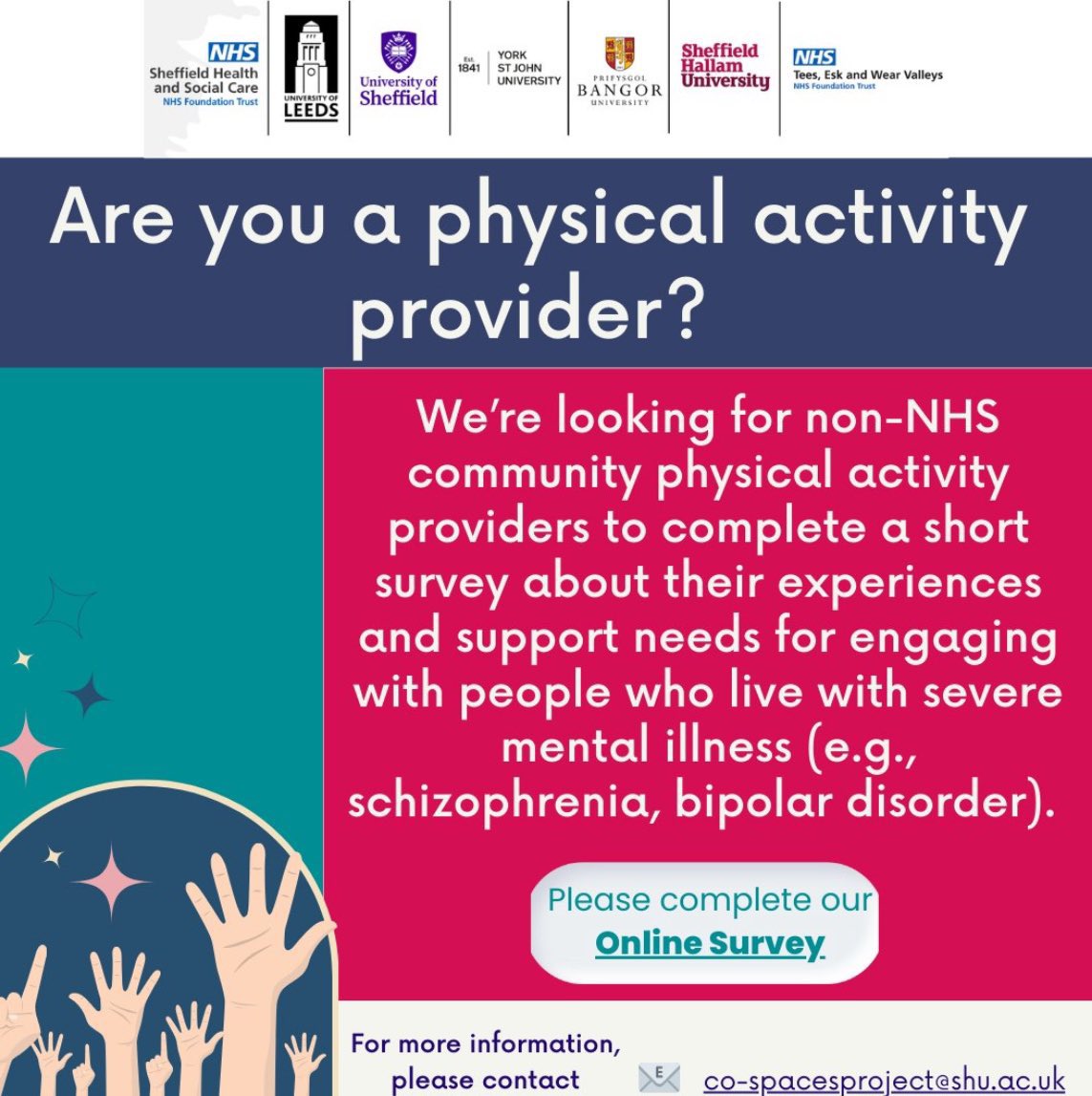 We’re looking for non-NHS physical activity providers to share experiences and support needs for engaging with people who live with severe mental illness (schizophrenia, bipolar disorder).

Have no such experience? We still want to hear from you! 

Server: shusls.eu.qualtrics.com/jfe/form/SV_8d…