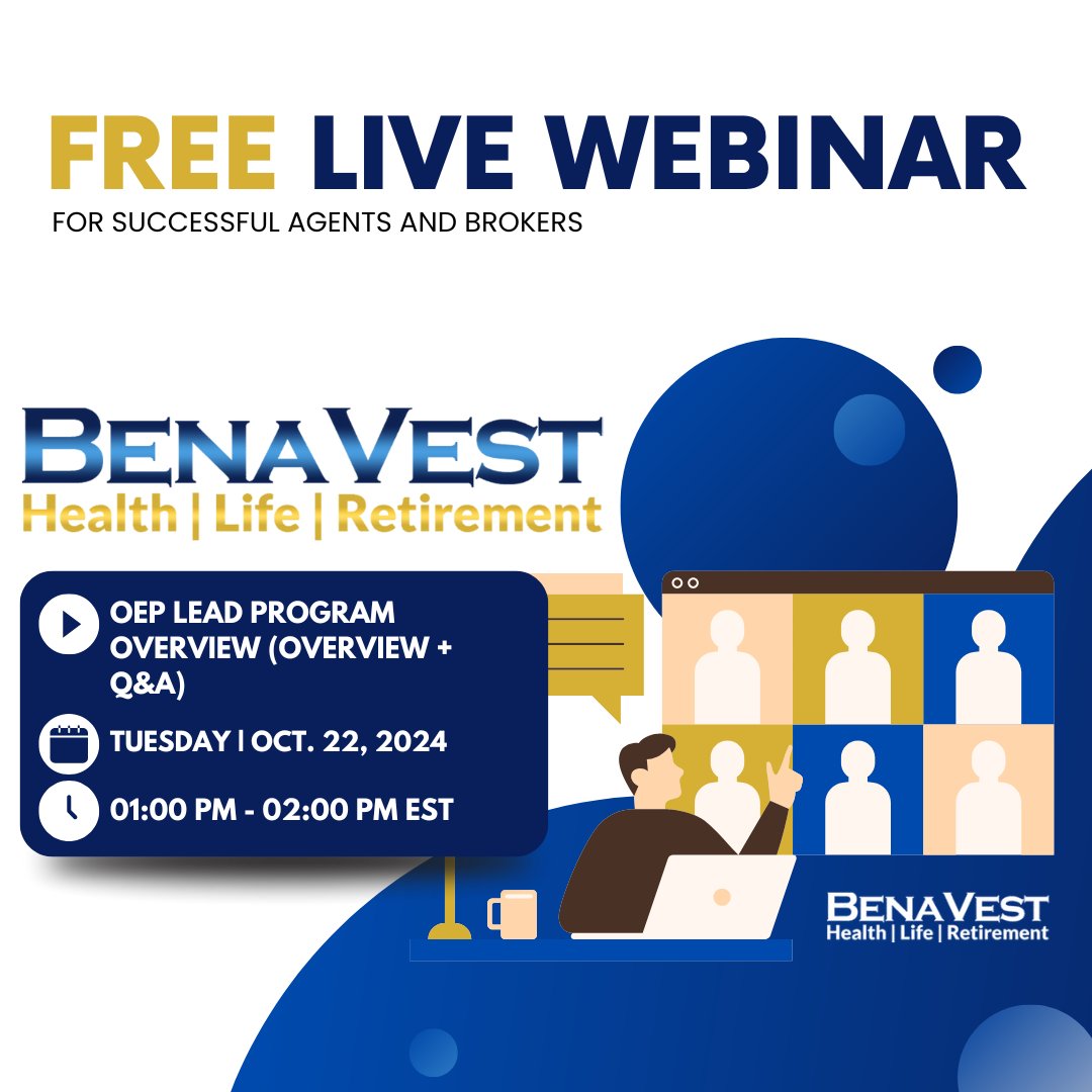 InsureUni's tweet image. ✨ Join us for BENAVEST OEP Lead Program Overview (Overview + Q&amp;amp;A)!  This LIVE webinar is FREE and open to all! 🎉
🗓 Date: Tuesday, October 22, 2024
⏰ Time: 1:00 PM - 2:00 PM EST
👉 Register Here: us06web.zoom.us/webinar/regist…

#OEP2025 #LeadProgram #InsuranceAgents #FreeWebinar
