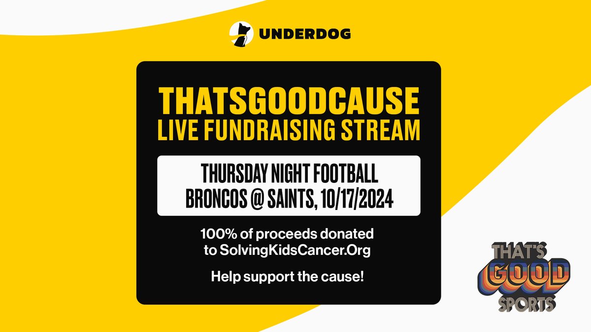 I'm very excited about TNF! All super chats during that stream are going to <a href="/SolveKidsCancer/">Solving Kids' Cancer</a> 

@UnderdogFantasy has already donated $10K to my fundraising page. Join us for #TNF for a great cause! If you can't donate, hit me with an RT! 

Donate here: solvingkidscancer.rallybound.org/donatetoskc/th…