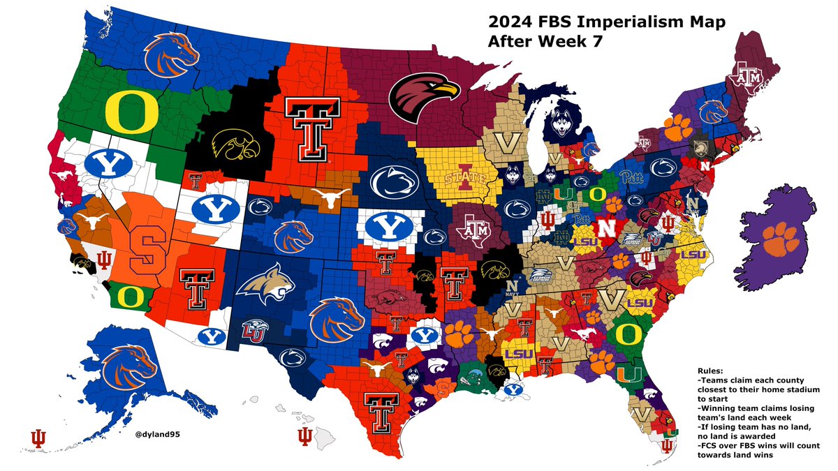 RedditCFB's tweet photo. College Football Imperialism Map after Week 6! #CFBimperialism ⚔️

Rules: FBS starting map. If you beat a team, you get its territory and keep it all until you lose (it all goes to the winner), but you can get back on the map by defeating others with land! https://t.co/hUmzRqyehr