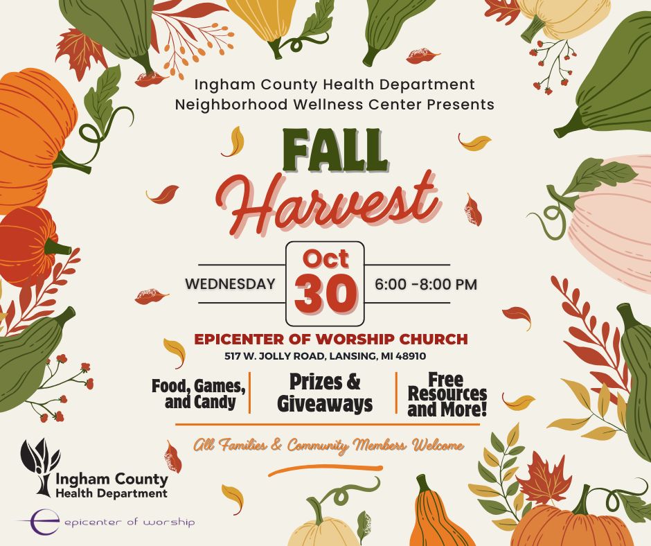 Fall Harvest Celebration at the Neighborhood Wellness Center!

Get ready for a delightful evening of fall fun!

Join us for a night filled with tasty food, fun games, prizes and plenty of treats!  Everyone is welcome, so bring your family and friends!