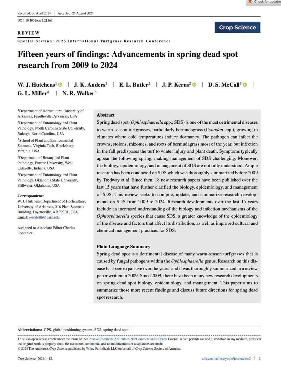 Wendell Hutchens (@hutchenswendell) on Twitter photo Excited to get this spring dead spot review published in <a href="/crop_science/">Crop Science 🌱</a> to present at the International Turfgrass Research Conference in 2025. I really enjoyed working with the excellent team of co-authors on this paper!
doi.org/10.1002/csc2.2… Excited to get this spring dead spot review published in <a href="/crop_science/">Crop Science 🌱</a> to present at the International Turfgrass Research Conference in 2025. I really enjoyed working with the excellent team of co-authors on this paper!
doi.org/10.1002/csc2.2…