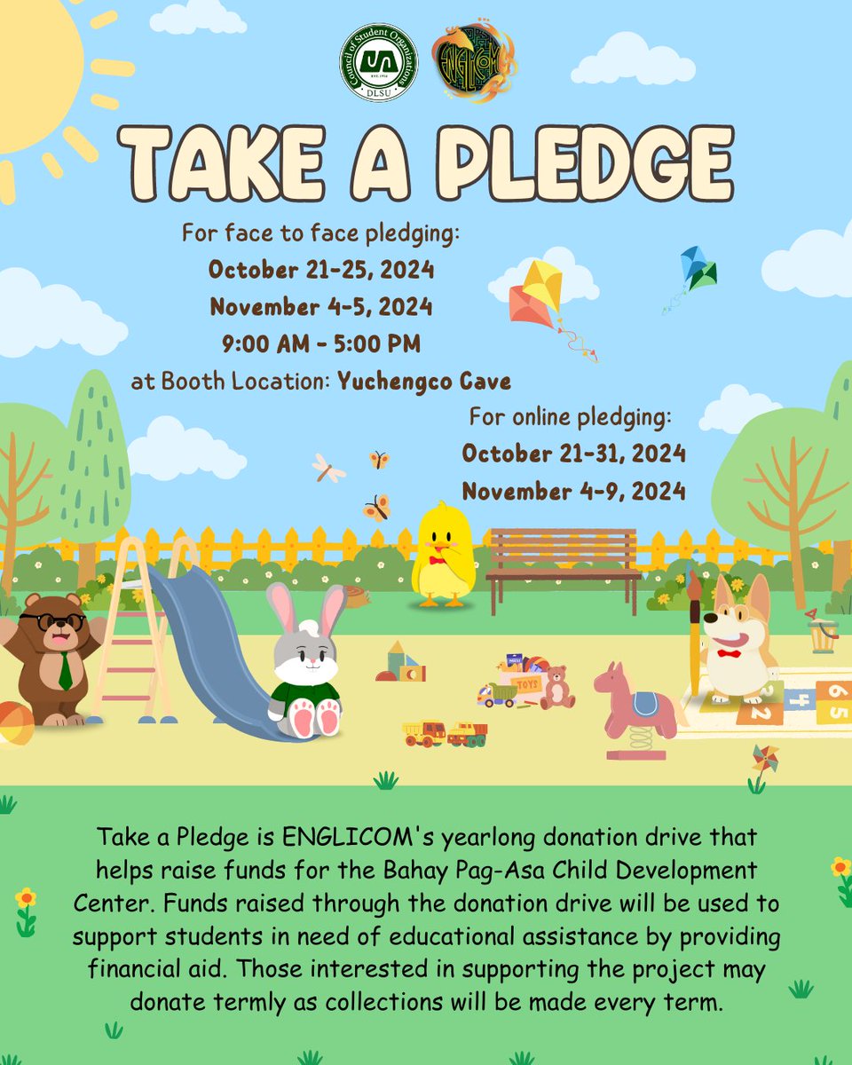 EnglicomDLSU64's tweet photo. Take A Pledge is back! 🥳

By supporting this initiative, you will be helping the children from the Bahay Pag-Asa Child Development Center pursue their dreams as we raise funds to support their education. 📚🌟 https://t.co/55PdQQiUuB