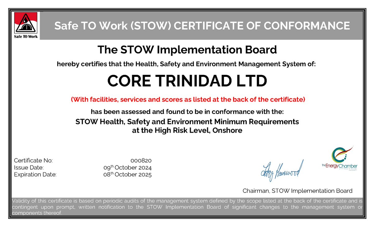 cgresources's tweet image. Core Trinidad is now STOW certified! 🎉 We&apos;re proud to meet the high standards for health, safety, and environmental management. This certification, valid until October 2025, reflects our team&apos;s hard work and dedication to safety. Here&apos;s to safer operations and a brighter future!