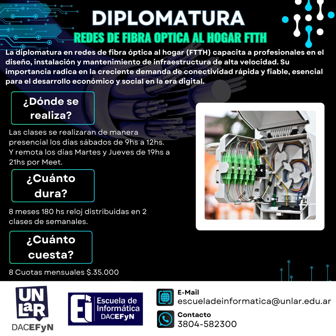 🌐Diplomatura en Redes de Fibra Óptica al Hogar (FTTH)🌐

Unlar Dpto. Ciencias Exactas Fisicas y Naturales DACEFyN 

📢Convertite en instalador de fibra óptica especializado

#larioja #unlar #diplomatura #ftth #fibraoptica #argentina