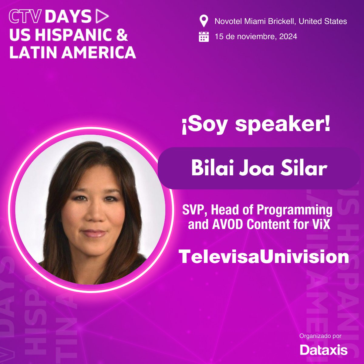 Bilai Joa Silar de <a href="/TUPrensa/">TelevisaUnivision Prensa</a>
participará del panel "Estrategias de contenidos en la era del streaming” de #CTVDays US Hispanic &amp; Latin America para debatir cómo está cambiando la tendencia del contenido premium, original y exclusivo.  
Regístrate hoy: lnkd.in/eDf2EH5E