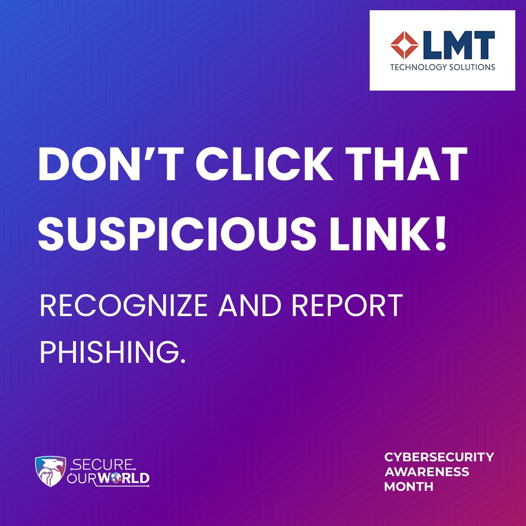 LMT Technology Solutions (@lmttechnology) on Twitter photo #Hackers use convincing bait to try to get you hooked. Don’t fall for it! Learn how to recognize a phish and what to do with it: bit.ly/4erXLQe 
#CybersecurityAwarenessMonth #SecureOurWorld #Phishing #Hackers use convincing bait to try to get you hooked. Don’t fall for it! Learn how to recognize a phish and what to do with it: bit.ly/4erXLQe 
#CybersecurityAwarenessMonth #SecureOurWorld #Phishing