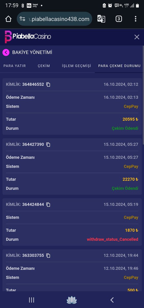 Kullanıcı adı daloaga
Çekim yöntemi payco
Çekim miktarı 20595
Çekim süresi 1 dk

x.com/piabellaturkiye