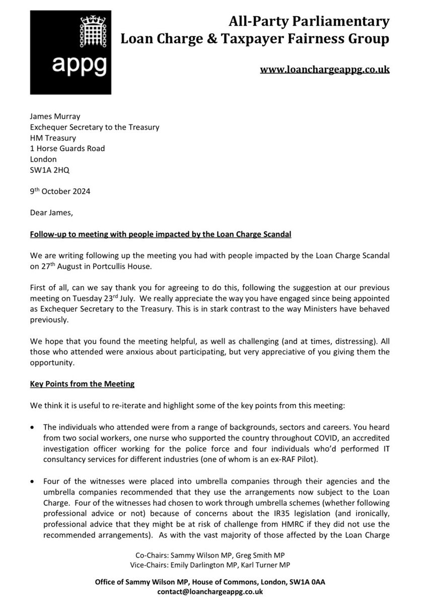 loanchargeAPPG's tweet photo. We thank the Exchequer Secretary to the Treasury @jamesmurray_ldn for meeting with people affected by the #LoanChargeScandal. 

This is our follow-up letter. We hope to engage further.

There needs to be a fresh &amp; genuinely independent review of the whole scandal &amp; a resolution. https://t.co/8g0tgW3Syj
