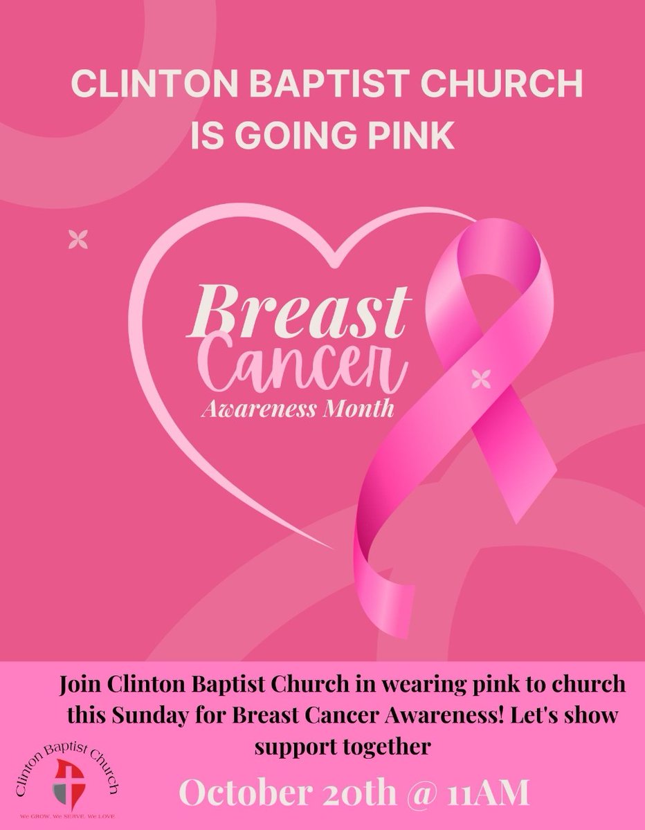 CBCatCLINTON's tweet photo. Clinton Baptist Church is going "PINK." 
In observance of Breast Cancer Awareness Month, Clinton Baptist Church invites you to worship with us on October 20th at 11am, wearing pink to raise awareness and support early detection. We Grow, We Serve, We Love. https://t.co/UG4ei0l0t5