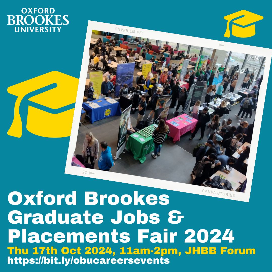 BrookesCareers's tweet photo. Reminder that the @oxford_brookes Graduate Jobs and Placements Fair is taking place tomorrow 17th Oct between 11am - 2pm in the #JHBB Forum. This is your perfect opportunity to discover top graduate opportunities with over 20 fantastic employers.
https://t.co/0wwtsBKg0d https://t.co/PI7BC2AEdG