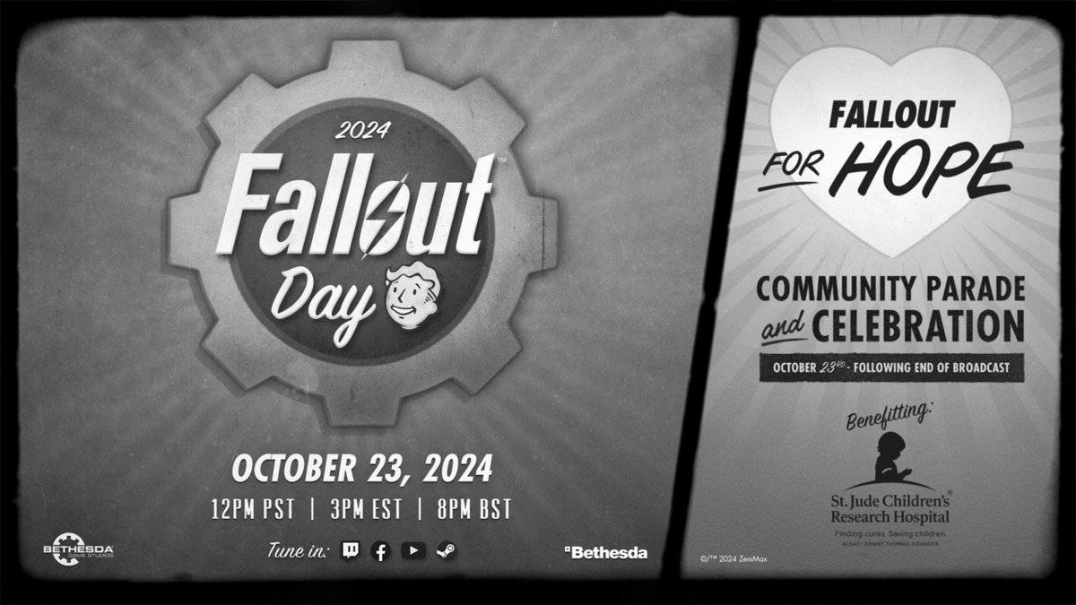 bethesda's tweet photo. You're invited to our first ever #FalloutDay Broadcast on October 23. We'll be sharing a preview of new content in Fallout 76 and interviewing developers!

After the broadcast, celebrate with our friends @FalloutforHope for their Community Parade. https://t.co/bysf6sQD2X