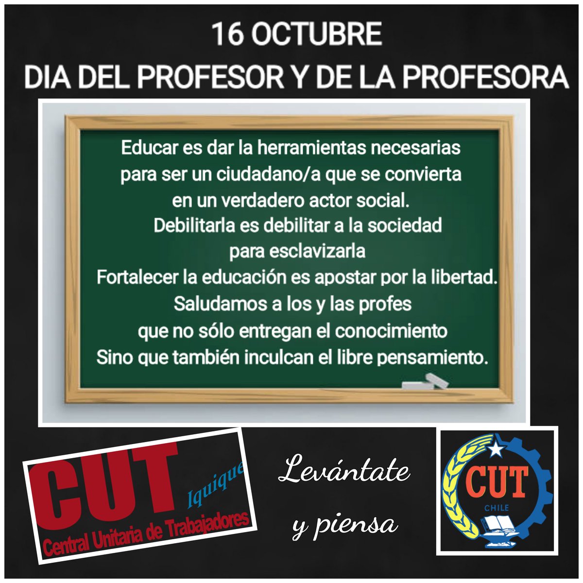 En el #DiadelProfesorydelaProfesora, saludamos a los y las compas q forman a los futuros actores sociales y q luchan por la dignidad, la deuda histórica y x mayores condiciones para entregar una educación de calidad <a href="/ColegioProfes/">Colegio de Profesoras y Profesores de Chile</a> <a href="/Mineduc/">Ministerio de Educación</a> #16OCT2024