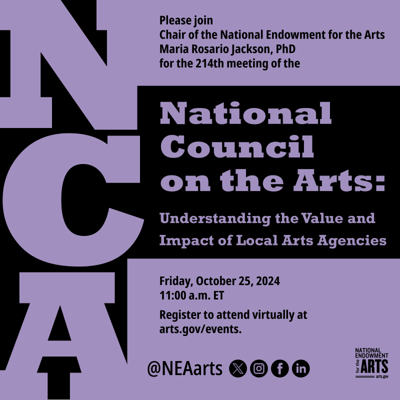 Join <a href="/NEAarts/">Nat'l Endow f/t Arts</a> for the the public session of the 214th National Council on the Arts meeting on Friday, Oct 25 at 11 am ET. The meeting will focus on local arts agencies. Register in advance to watch live: bit.ly/407KQyrthe

More info: bit.ly/3Y6NlP0