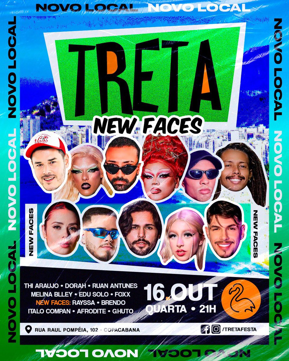 tretafestabr's tweet photo. ✨ Alow RIO! Nessa quarta (16/10) tem edição mega especial: Treta Festa New Faces! O encontrão POP semanal dá boas-vindas aos novos talentos da cena carioca que se juntam ao nosso super team! Quem vamos todos?! 😋 Nos vemos no @PinkFlamingoRJ!  #TretaFesta #NewFaces #Copacabana https://t.co/rtL3b4knj9