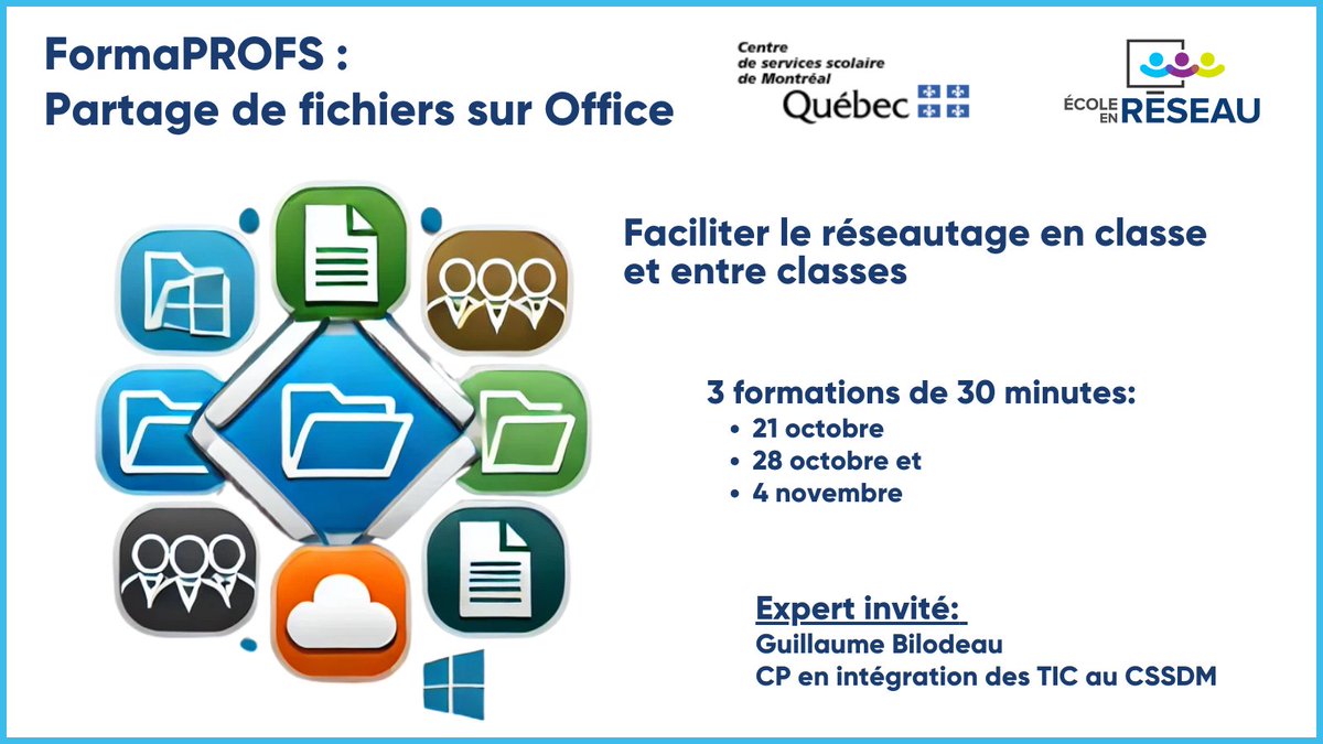 ecoleenreseau's tweet image. Personnel scolaire, ne manquez pas le FormaPROFS: Partage de fichiers sur Office pour faciliter le partage et le réseautage en classe!

📅 Dates : 21 octobre, 28 octobre, 4 novembre
⏰ 30 minutes chacune

Info: tinyurl.com/2pk2pv8y 
#éducation #collaboration #devprof