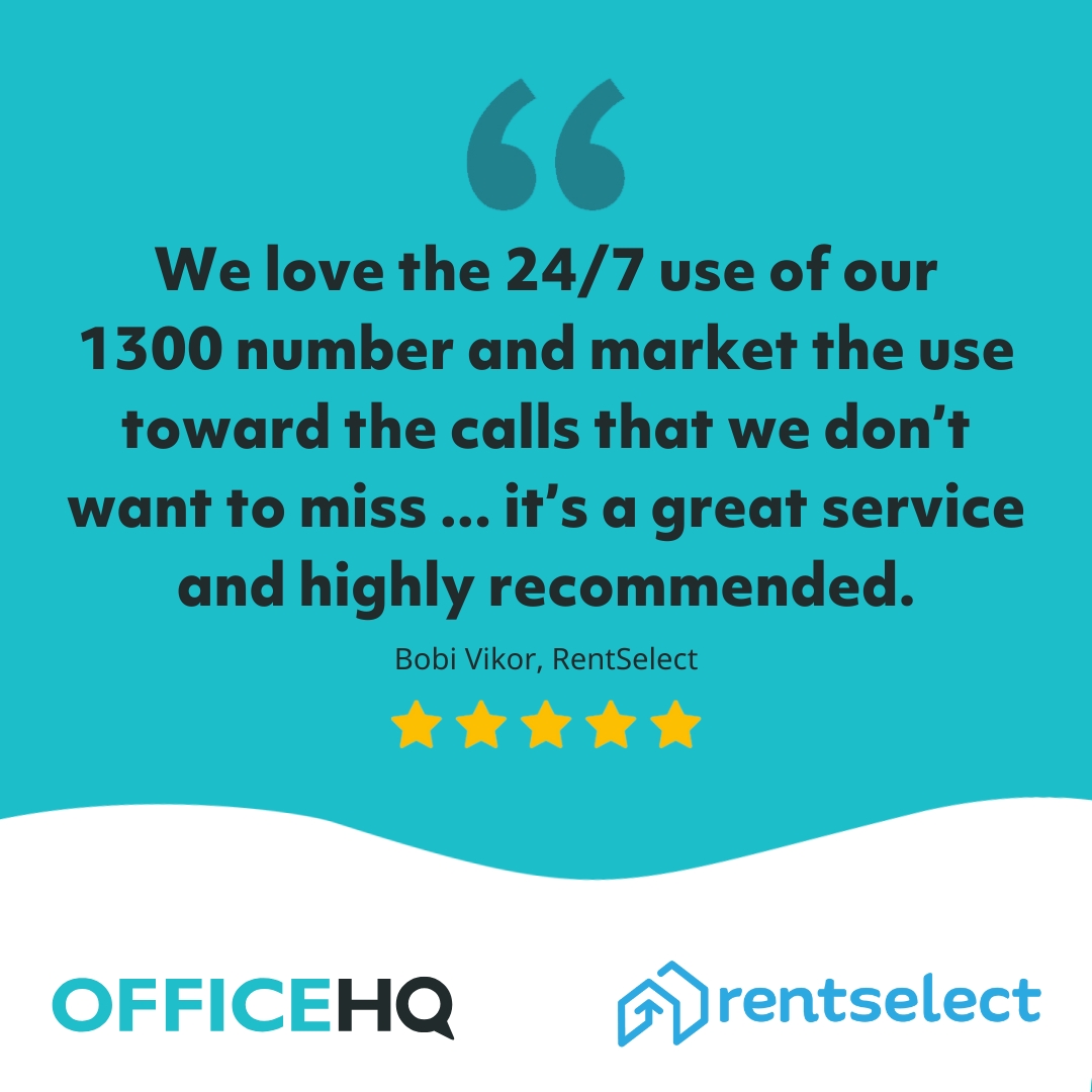 OfficeHQ's tweet photo. Bundling a #1300number with #callansweringservices can elevate your #business.

Valued client Bobi Vikor from #Adelaide #propertymanagement specialist @rent_select, says: "We love the 24/7 use of our 1300 number and ... calls are professionally answered using our script." https://t.co/znUfe8Dt36